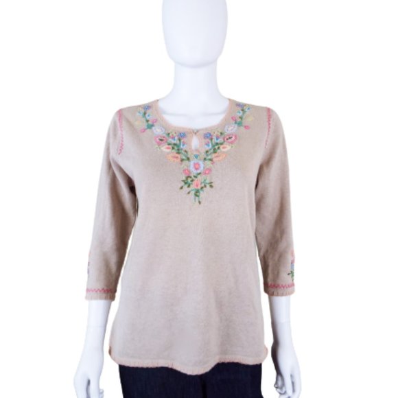 REAL COMFORT TAN 3/4 SLEEVE SWEATER BEADED EMBRIOIDERED IN SPRING COLORS  MEDIUM - Picture 1 of 8